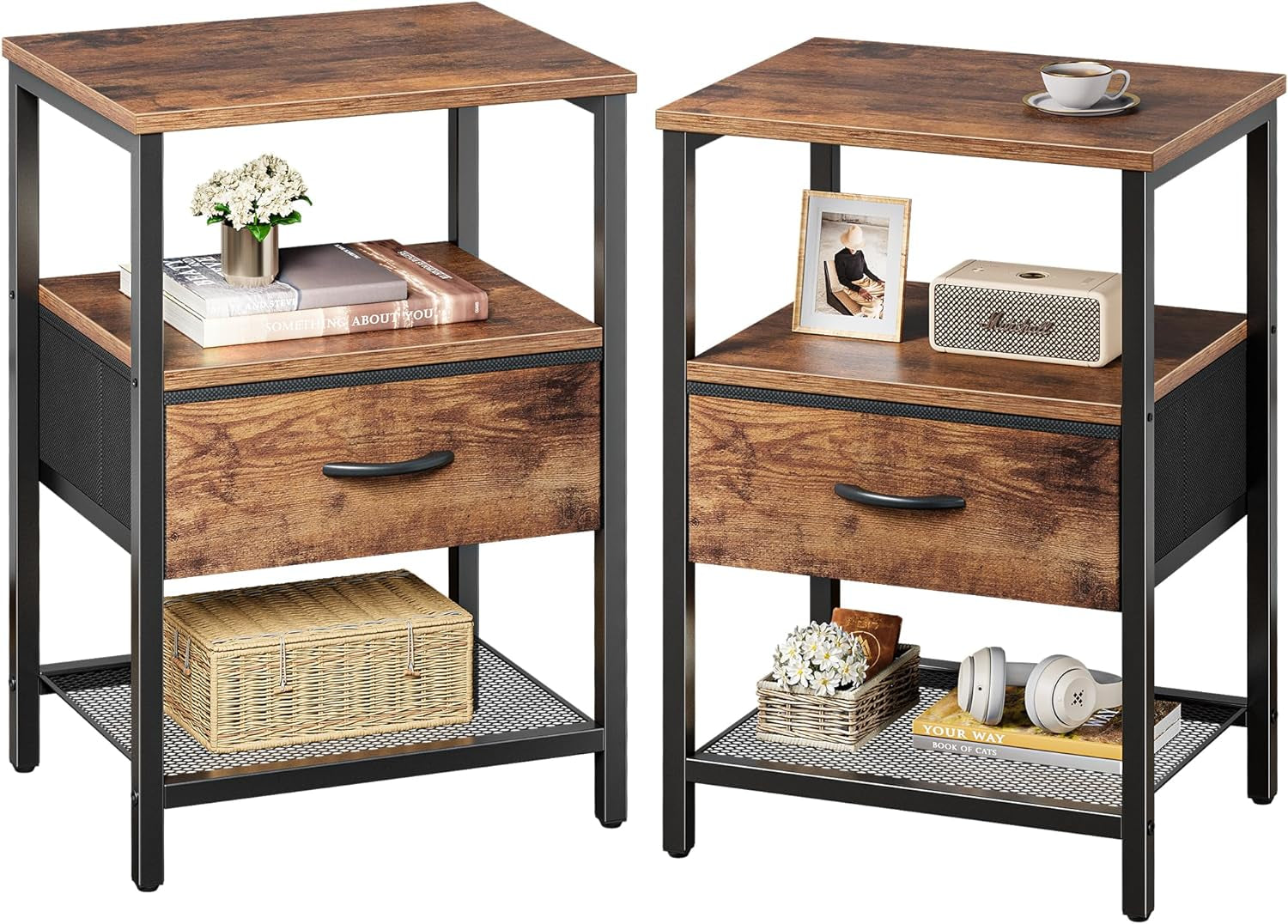 Set of 2 Nightstands with Fabric Drawers and Open Shelves, Rustic Brown Metal Frame Side Tables for Bedroom Storage
