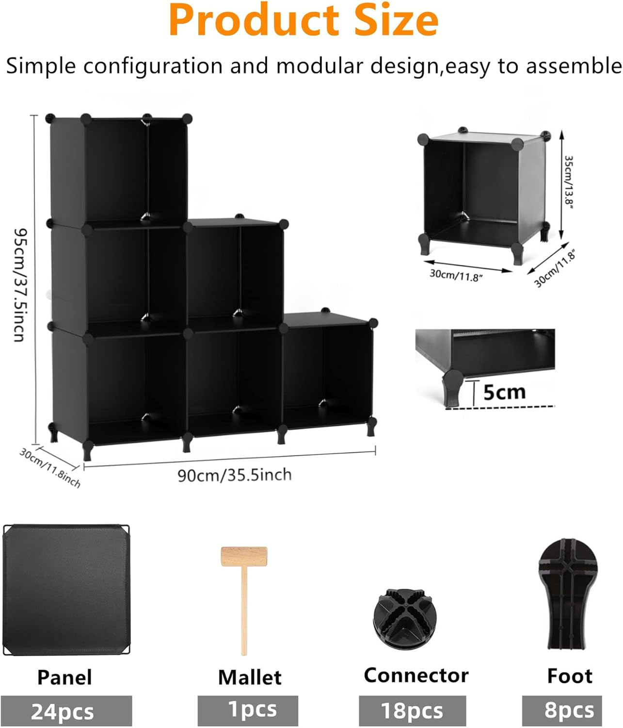 Cube Storage Organizer, Storage Cubes Shelves Bookshelf, 6 Cube Closet Organizers and Storage, DIY Stackable Plastic Clothes Organizer Shelving for Bedroom, Home, Black