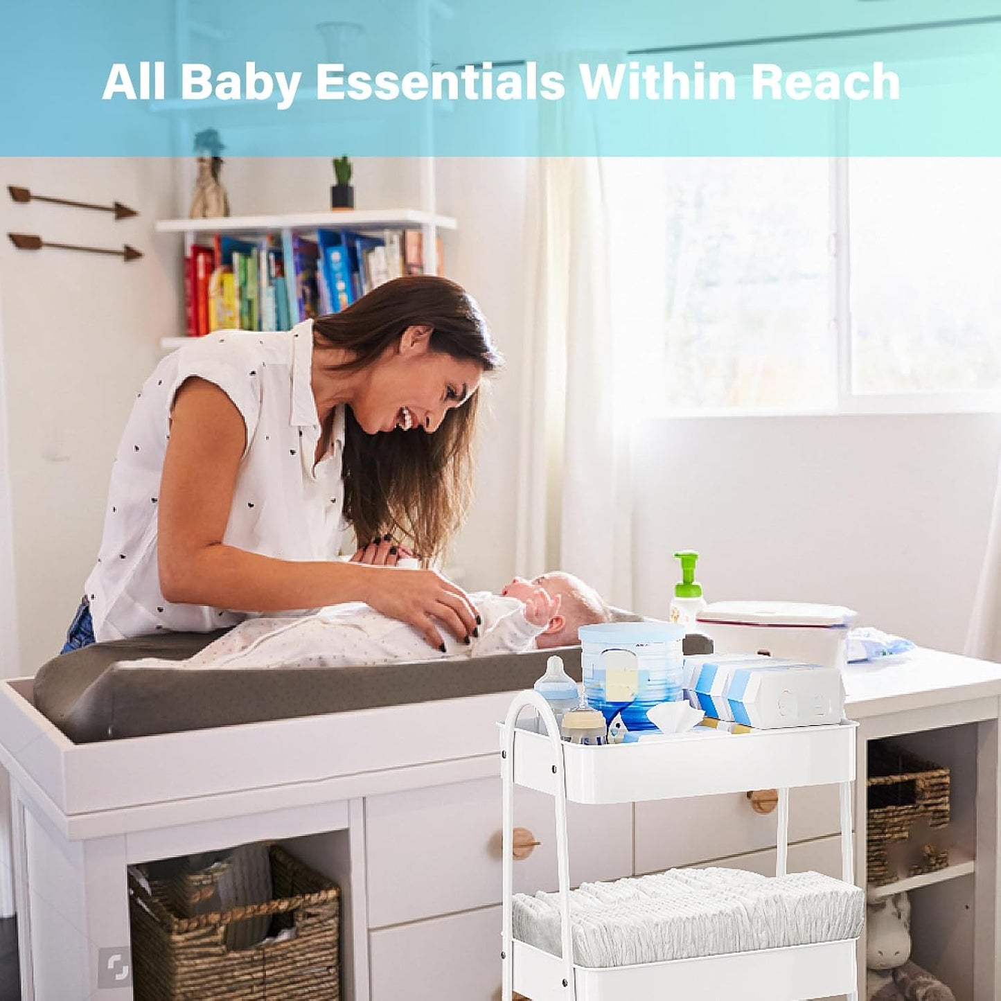 Baby Diaper Caddy Organizer, Metal Utility Diaper Cart, Multifunction Essential Newborn Baby Registry Items, Movable Changing Station/Easy Assembly, White