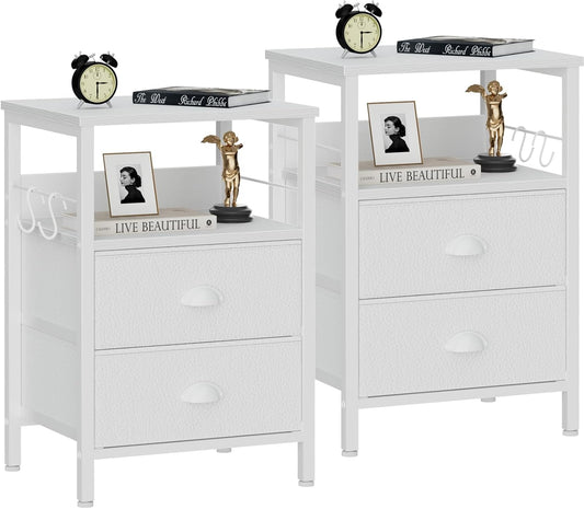 Nightstands Set of 2, End Table with 2 Fabric Drawers, Night Stand with 2 Hooks, Open Wood Shelf Bedside Table for Bedroom/Living Room/White