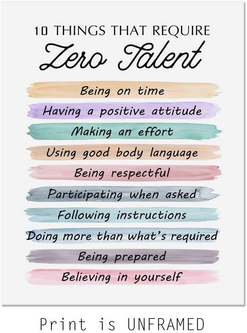 10 Things That Require Zero Talent Quote, Being on Time, Effort Body Language, Motivational Poster, Typography Art, Office Wall Decor, Success Tips, Classroom Decor, No Framed (11X14 INCH)