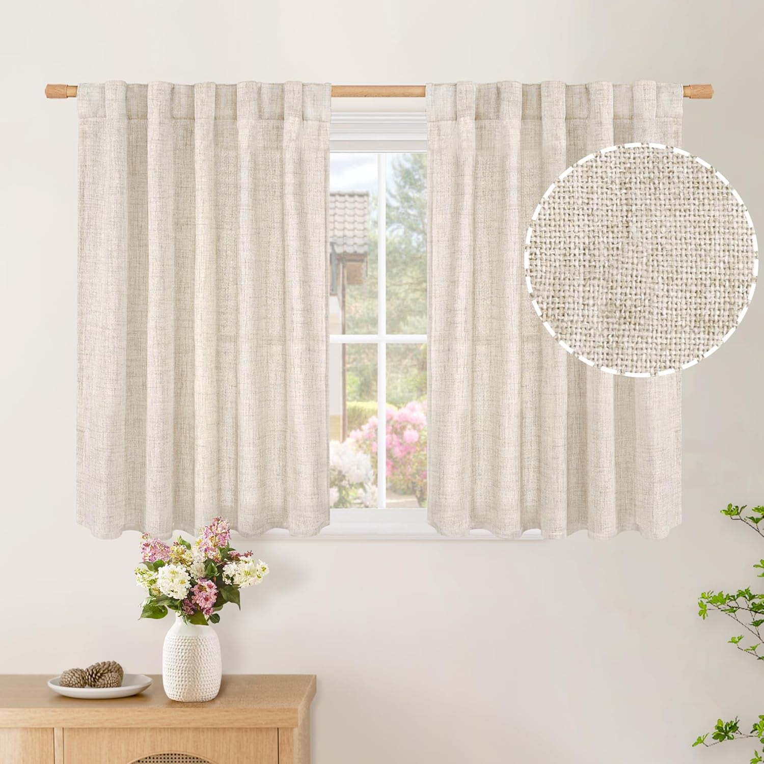 Small Linen Curtains 36 Inch Length for Cafe, Semi Sheer Half Textured Drapes with Rod Pocket Back Tab Rustic Light Filtering for Bathroom Kitchen Window over Sink, 2 Panels Set, 42 X 36 Inch
