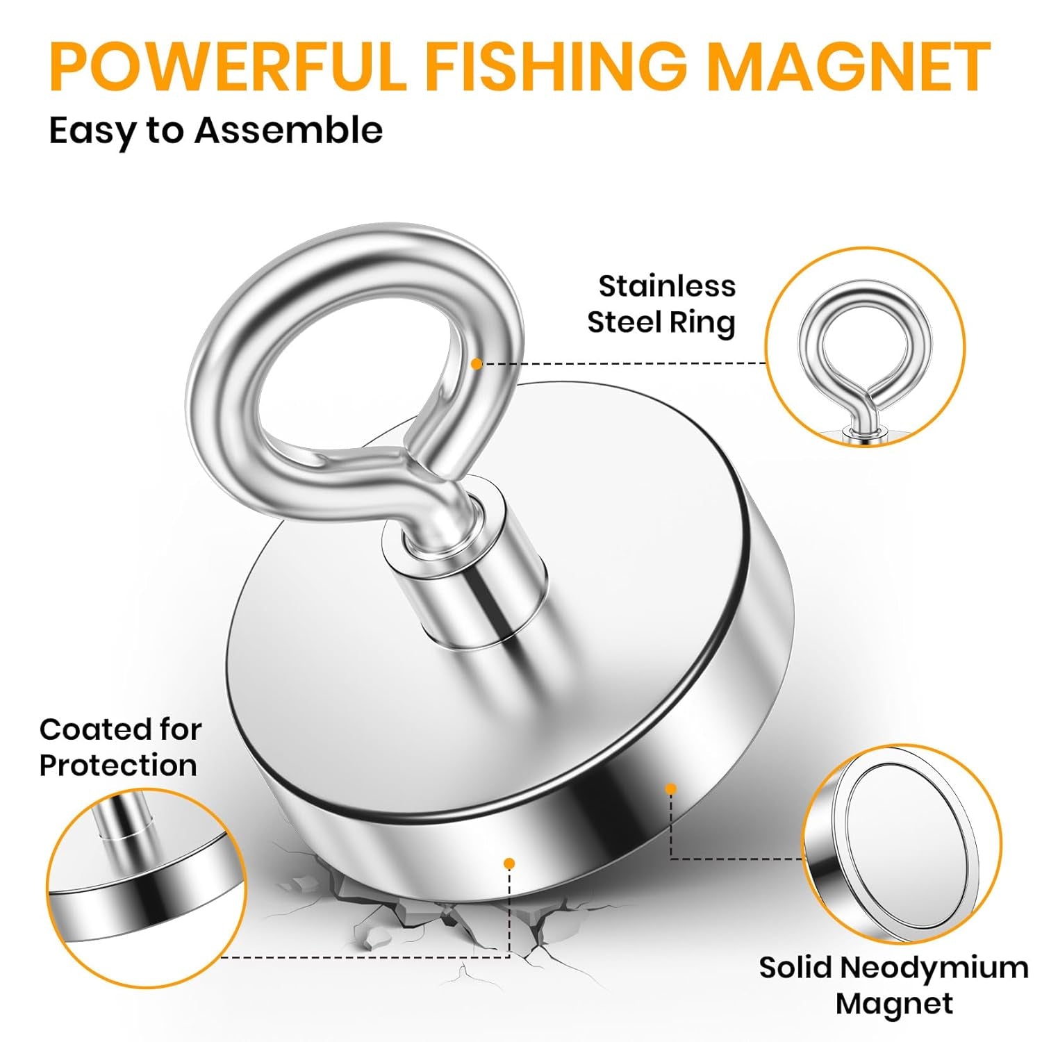 Neodymium Fishing Magnets with 300 lbs Pulling Force, Durable Rare Earth Magnets Featuring Countersunk Eyebolt for Retrieval in Water and Outdoor Environments - 1.97 Inch