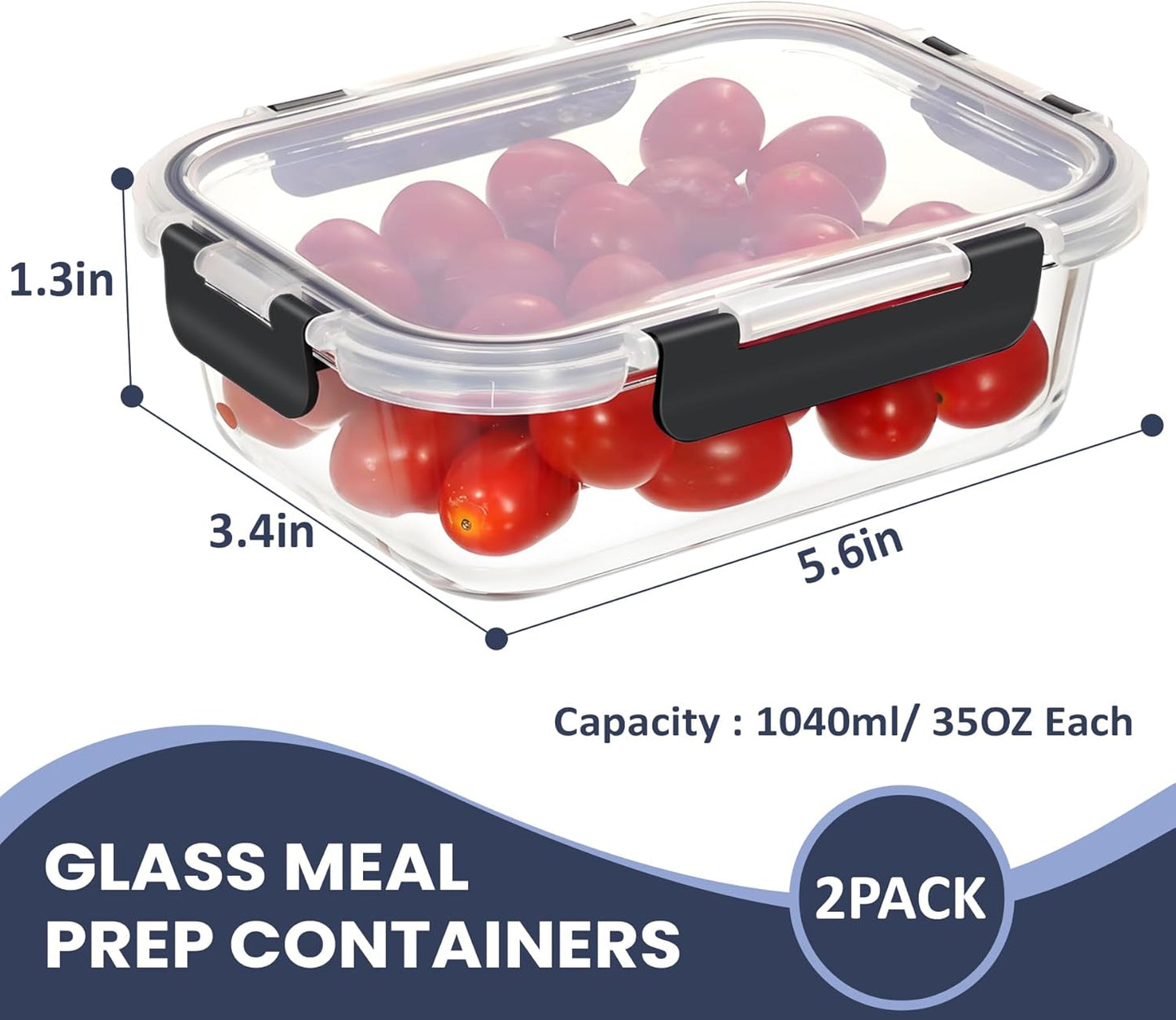 35OZ Glass Food Storage Container, Airtight Glass Lunch Fruit Containers with Lids - Microwave, Oven, Freezer and Dishwasher Safe, 2-PACK