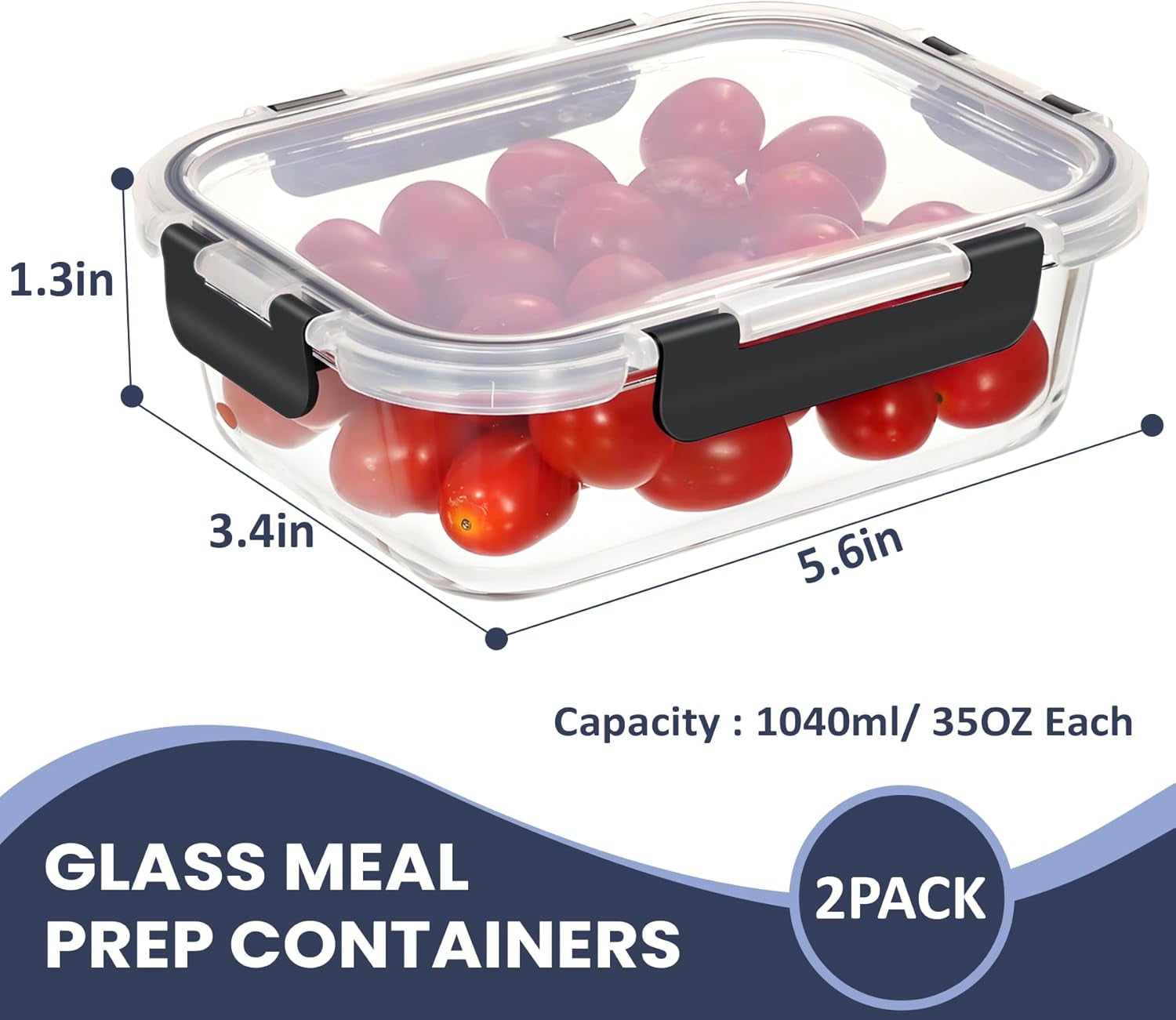 35OZ Glass Food Storage Container, Airtight Glass Lunch Fruit Containers with Lids - Microwave, Oven, Freezer and Dishwasher Safe, 2-PACK