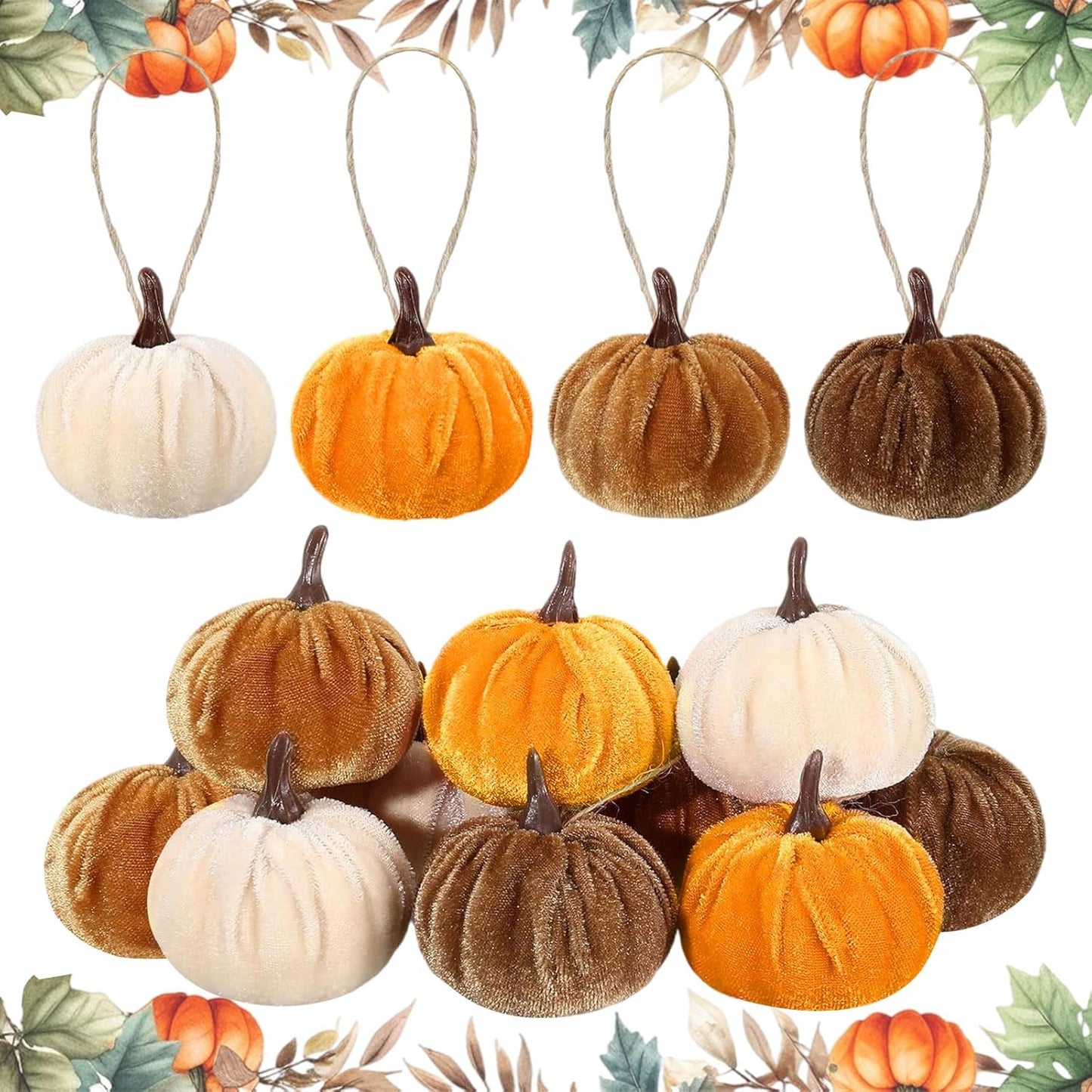 12 Pcs Velvet Pumpkins Fall Thanksgiving Pumpkins Hanging Ornaments Fall Tree Decorations Orange White Brown Velvet Wrapped Pumpkin Ball Decor with Hemp Rope for Thanksgiving Party Tree Farmhouse Home