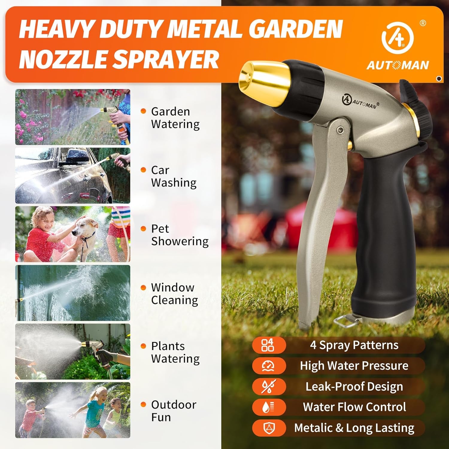 Garden Hose Nozzle - 100% Metal High Pressure Spray Nozzle, Adjustable Spray Patterns, Labor-Saving, Heavy Duty for Garden Watering, Car Washing, Window Cleaning, Pets Showering