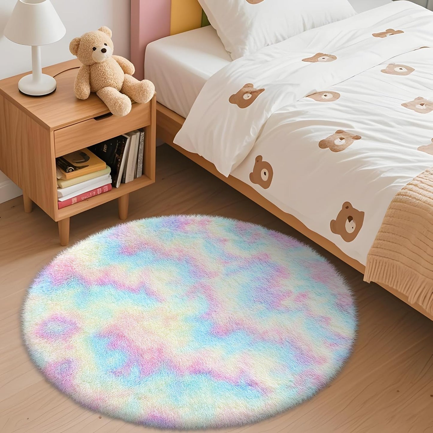 Rainbow round Rugs for Bedroom - Machine Washable, 3X3 Feet Circle Area Rugs for Living Room, Soft and Fluffy Shaggy Carpet for Teen Girls and Boys, Nursery Rooms, Dorms, Home Decor Aesthetic