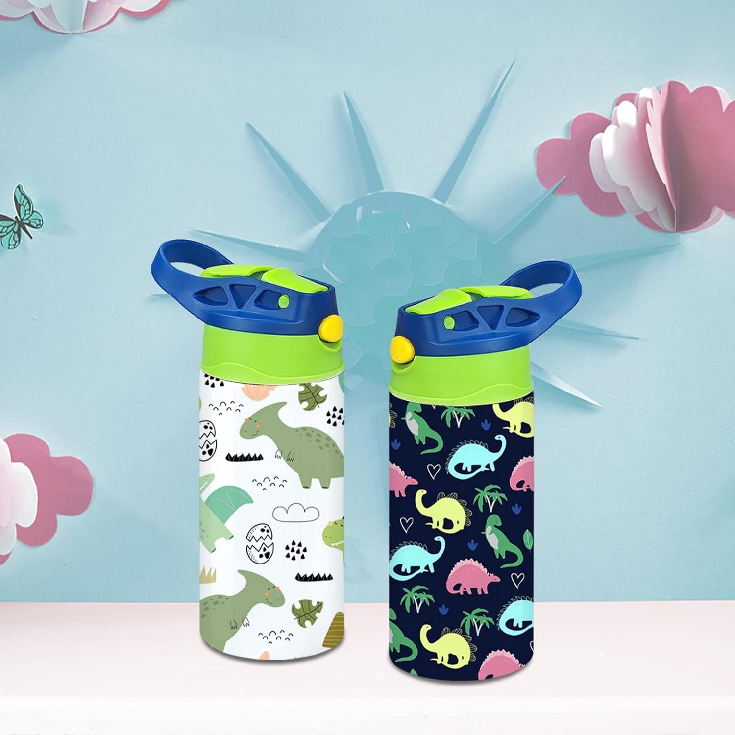 Kids Sublimation Tumbler,12Oz Sublimation Water Bottle Blanks,Straight Stainless Steel Todder Sippy Cup,Double Wall Insulated Sippy Tumbler with Handle,Shrink Films,Leak Proof (Blue)