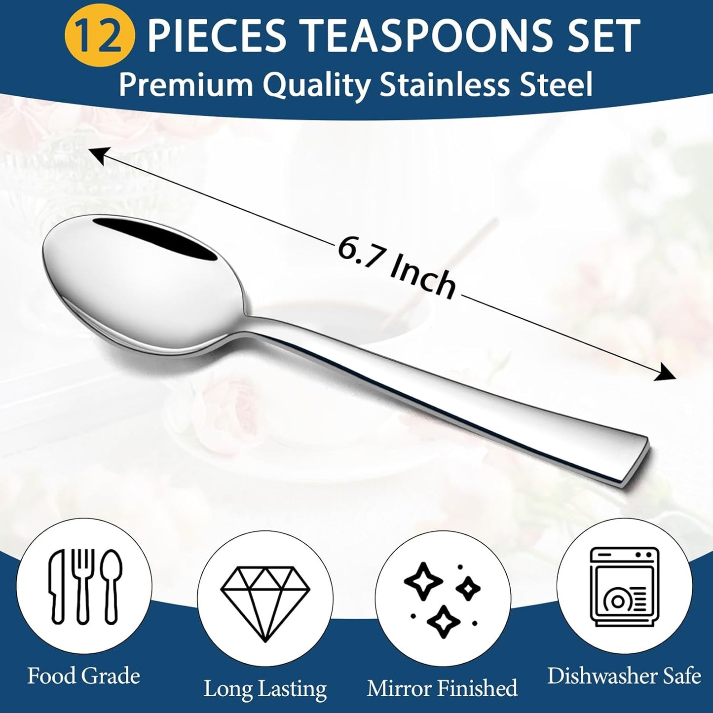 Teaspoon Set (12 Pieces), 6.7" Stainless Steel Mini Tea Spoons, Premium Stirring Silverware, Kitchen Dessert Coffee Spoon Set, Mirror Finish & Dishwasher Safe