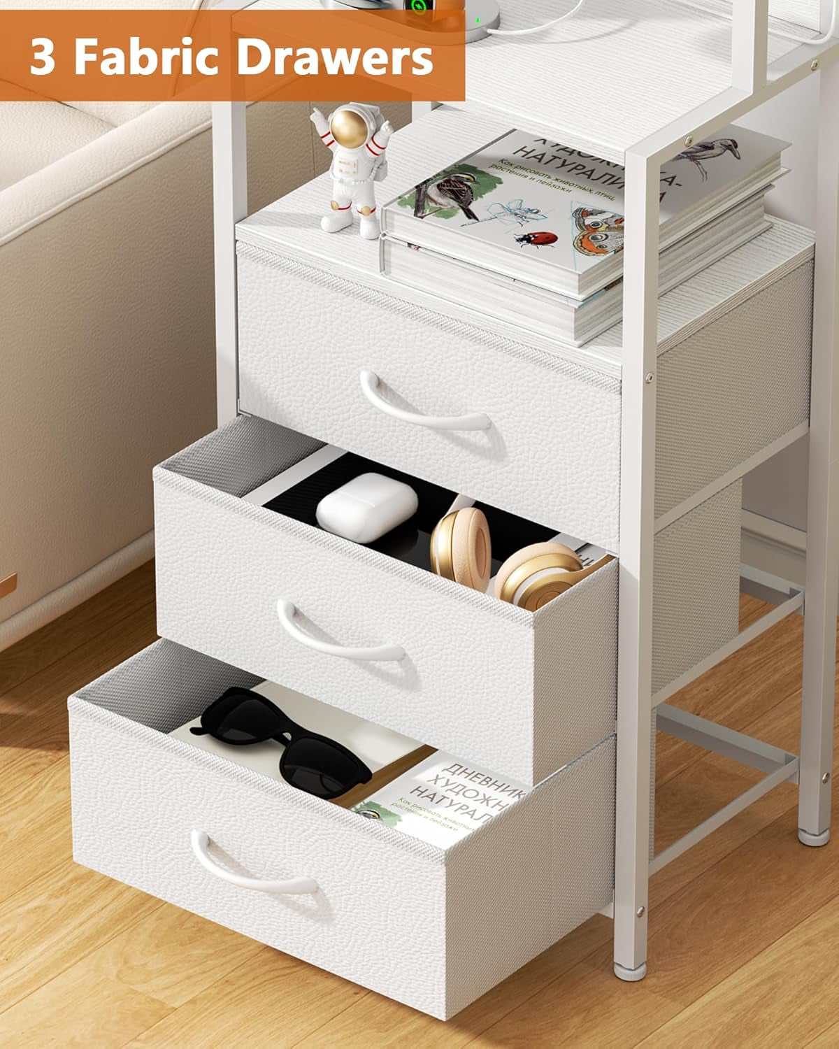 Elegant Bedside Nightstand with 4-Tier Shelving, 3 Fabric Drawers, LED Lighting, and Integrated Charging Station - Versatile Tall Table for Bedroom, Hallway, or Office in White