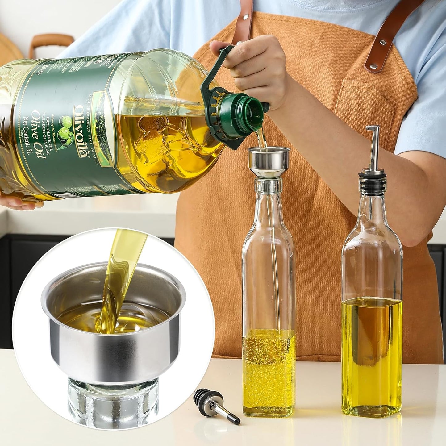 17Oz Clear Glass Olive Oil Dispenser Bottle - 500Ml Oil & Vinegar Cruet with Pourers and Funnel - Olive Oil Carafe Decanter for Kitchen