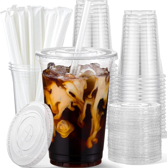 25 Pack - 16 Oz Plastic Cups with Lids and Straws, Clear Iced Coffee Cups with Lids, Disposable Cups with Lids for Cold Drinks, Iced Tea, Milkshakes, Smoothies - Durable & BPA Free