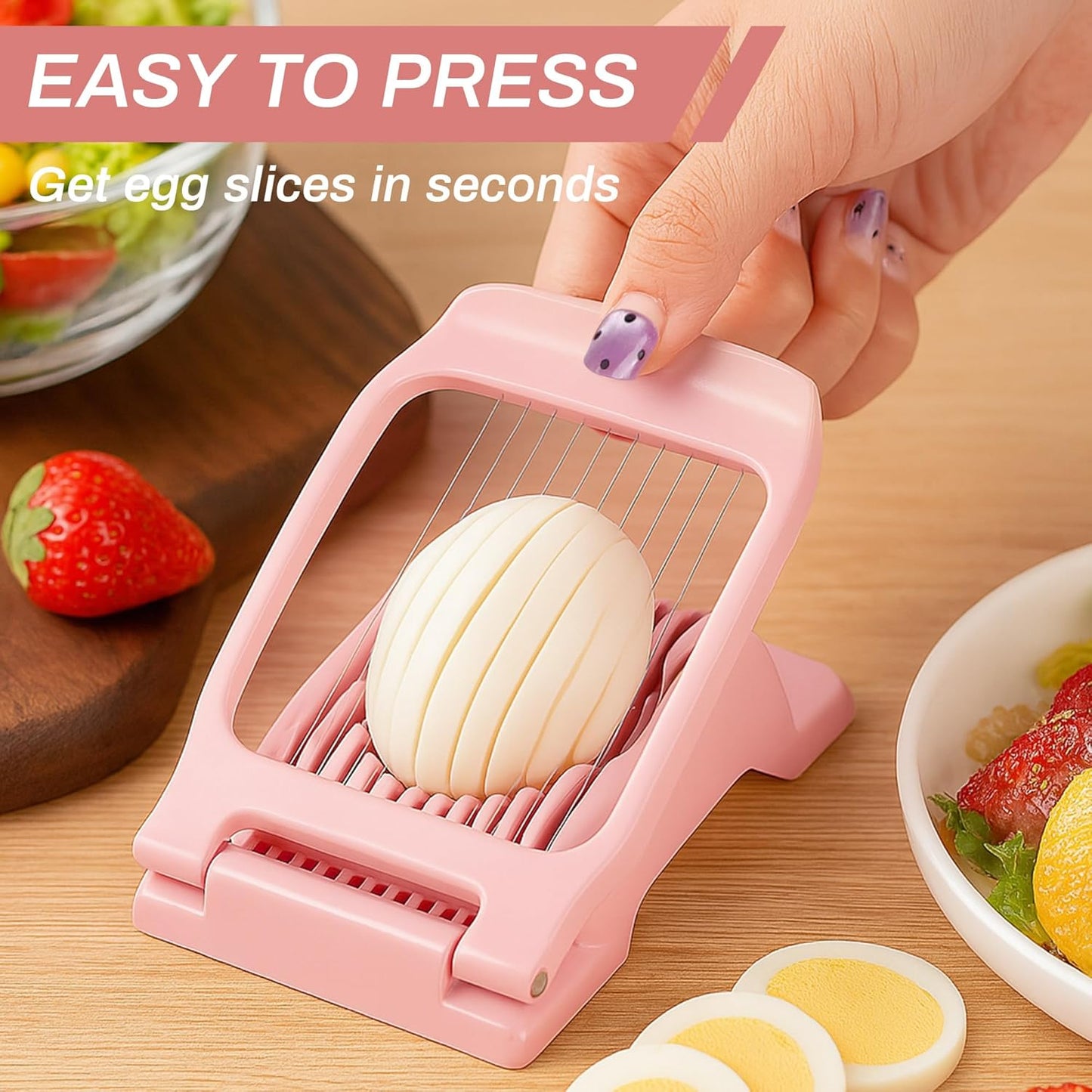 2PCS Pink Egg Slicer for Hard Boiled Eggs,Strawberry Kiwi Heavy Duty Stainless Steel Wire Fruit Cutter,Tomato Mushroom Salad Chopper for Home Use Egg Peeler Tool