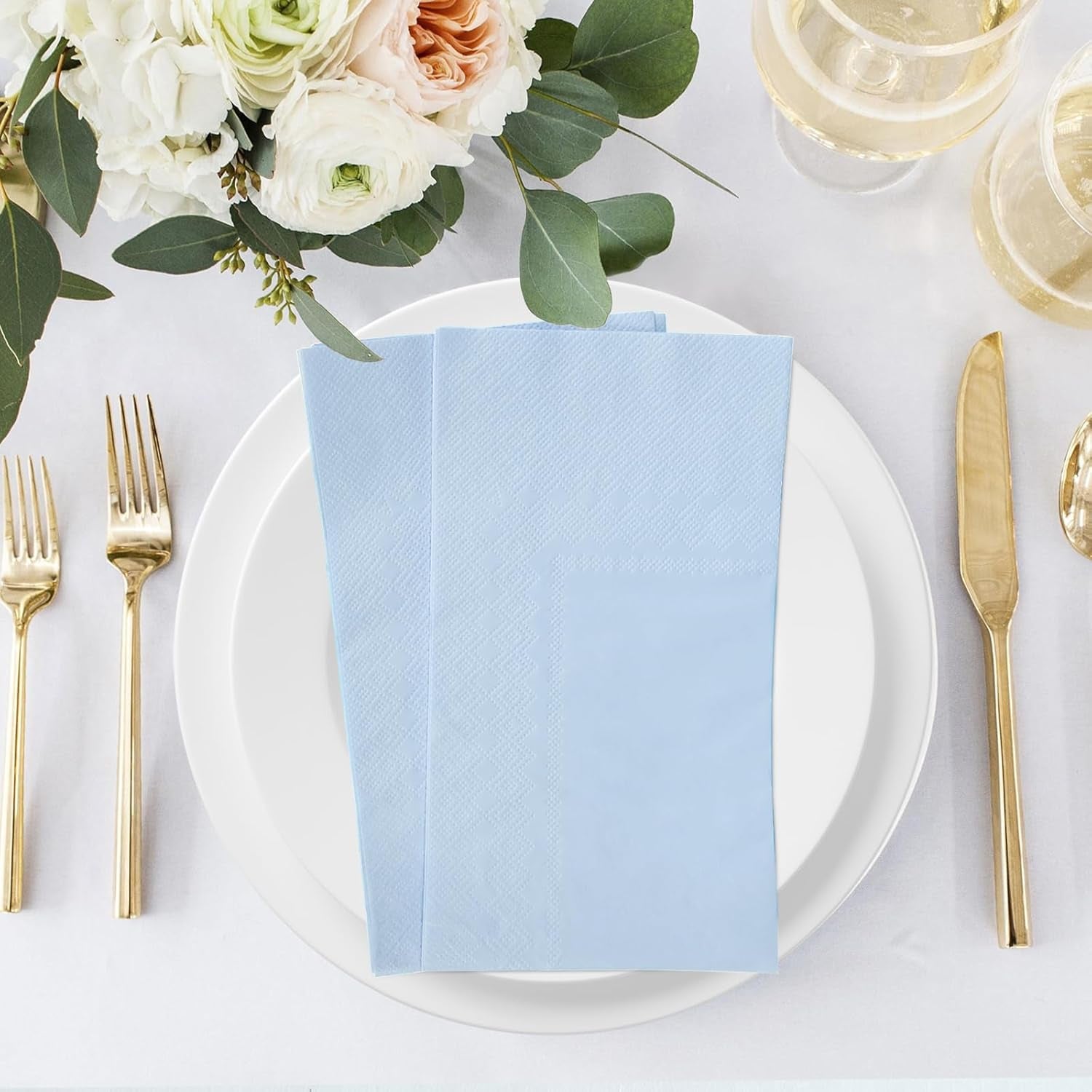 50 Pcs 3-Ply Blue Scalloped Cocktail Napkins Guest Bathroom Napkins Thick Paper Napkins Disposable Party Napkins Beverage Napkins for Birthday, Wedding,Anniversary Party, Baby Shower 13 X 15.7 Inches