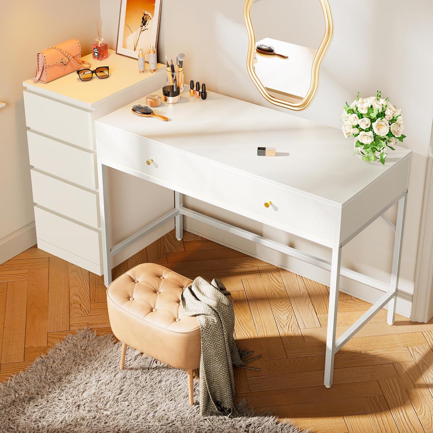 Modern 47-Inch Vanity Desk with Drawers - Versatile Computer and Makeup Dressing Table for Bedroom in White