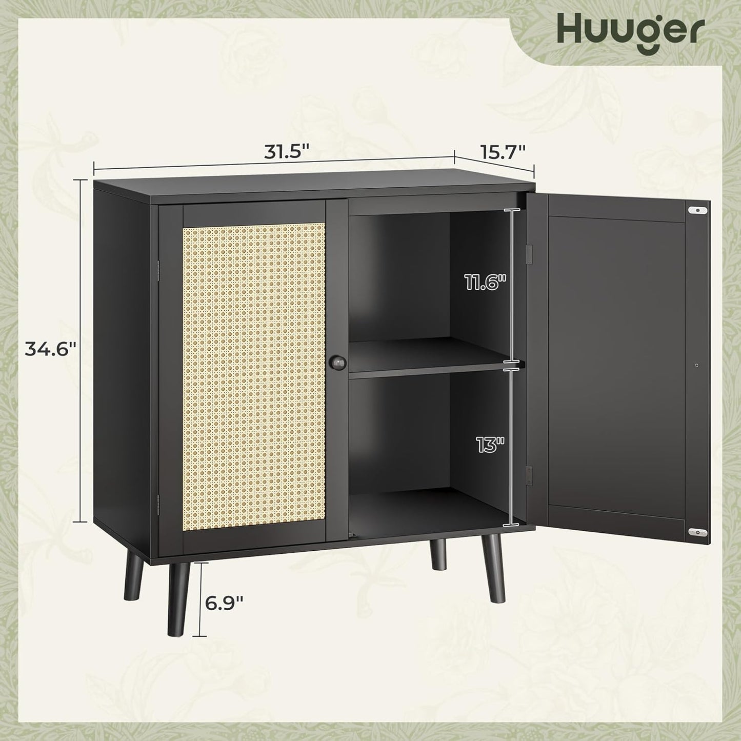 Buffet Cabinet with Storage and Synthetic Rattan Decor Doors, Solid Wood Legs, Ideal for Hallway, Entryway, or Living Room, Black Finish