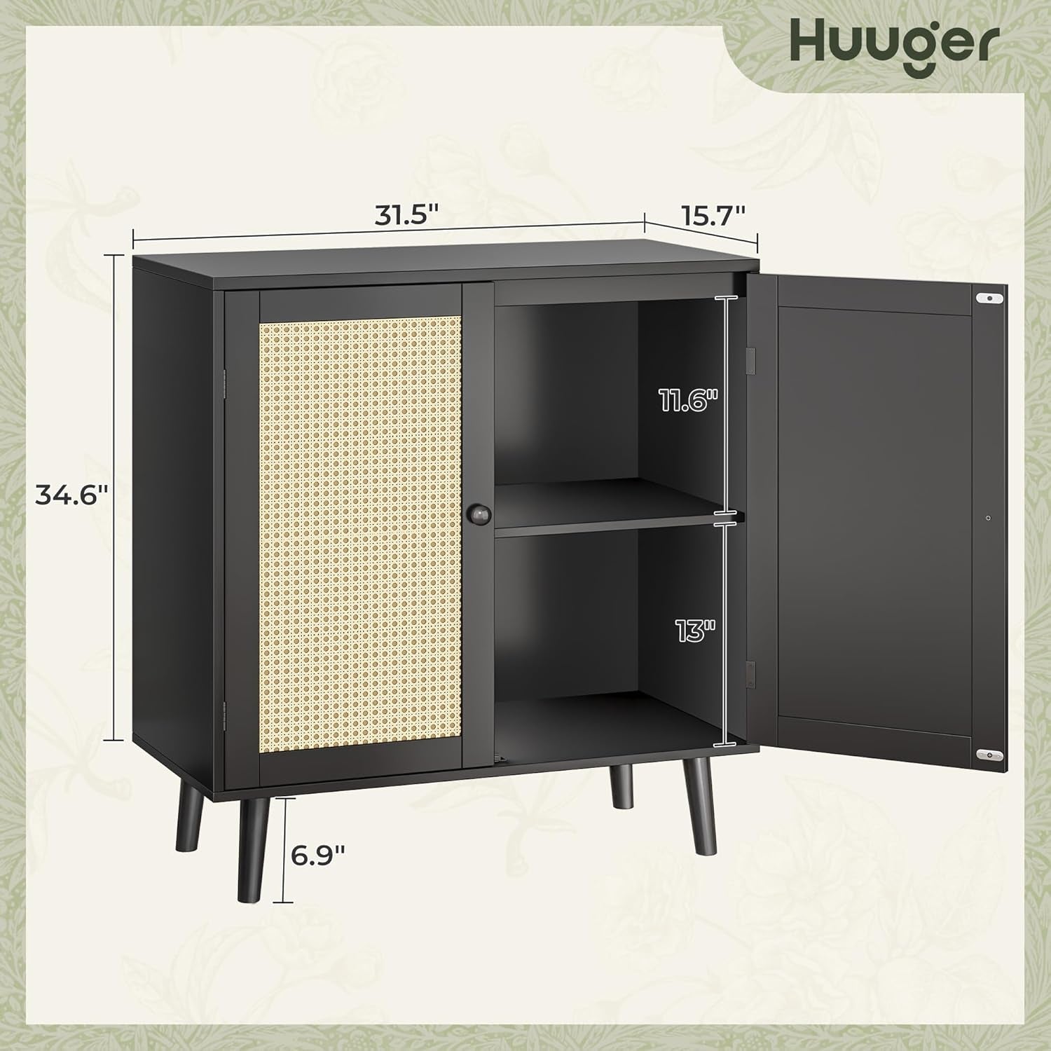 Buffet Cabinet with Storage and Synthetic Rattan Decor Doors, Solid Wood Legs, Ideal for Hallway, Entryway, or Living Room, Black Finish