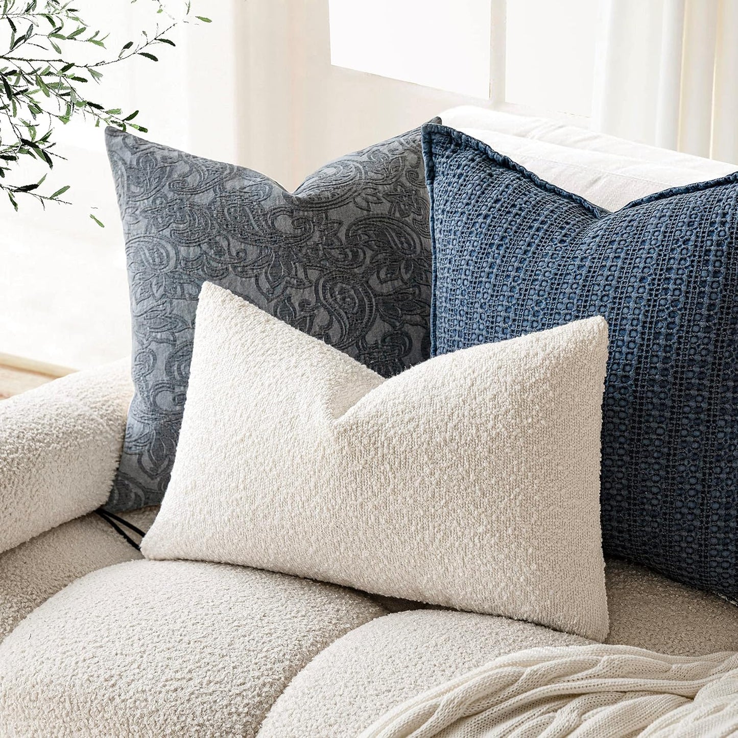 Pack of 2 Textured Boucle Throw Pillow Covers Accent Solid Pillow Cases Cozy Soft Decorative Couch Cushion Case for Chair Sofa Bedroom Living Room Home Decor, 20 X 12 Inch,White