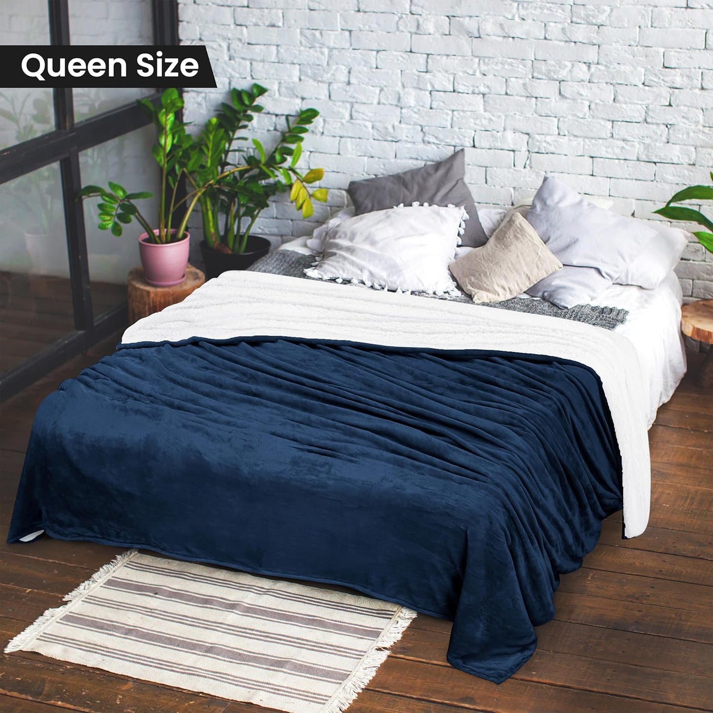 Sherpa Blanket Queen Size (Navy, 90X90 Inches) - Soft Lightweight Plush Fleece Reversible Blanket for Bed, Sofa, Couch, Camping and Travel