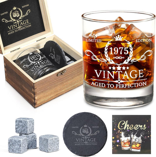 50Th Birthday Gifts for Men Whiskey Glass Set - 50Th Birthday Decorations, Party Supplies - 50 Year Anniversary, Bday Gifts Ideas for Him, Dad, Husband, Friends - Wood Box & Whiskey Stones & Coaster