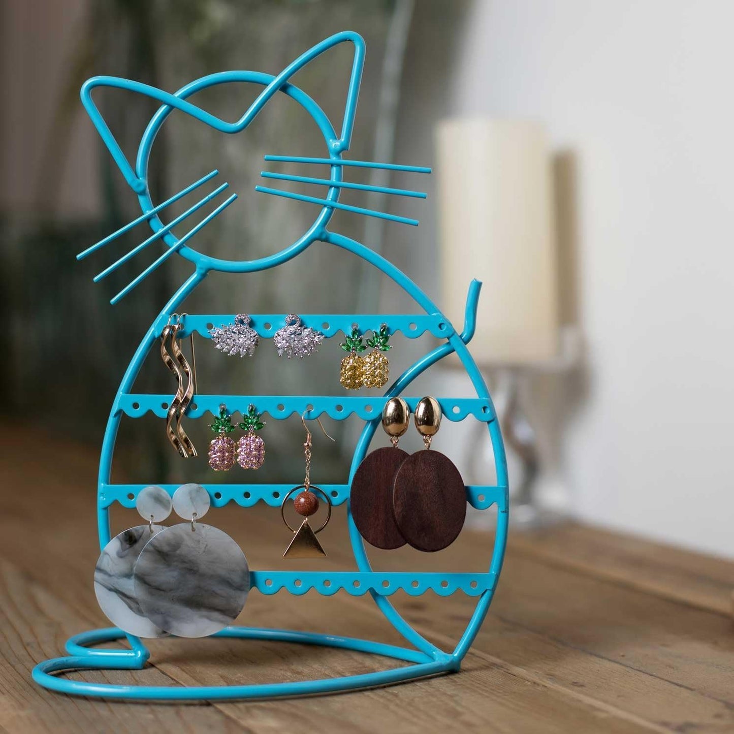 Jewelry Organizer Stand Cat Shaped Earring Holder Organizer Metal 48 Stud Earring Holes Jewelry Holder, Metal Jewelry Display Vanity Organizer for Girls - Blue