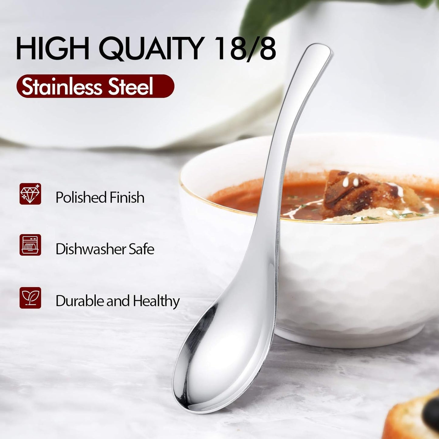 Thick Heavy-Weight Soup Spoons, High Grade Stainless Steel Soup Spoons, Set of 6