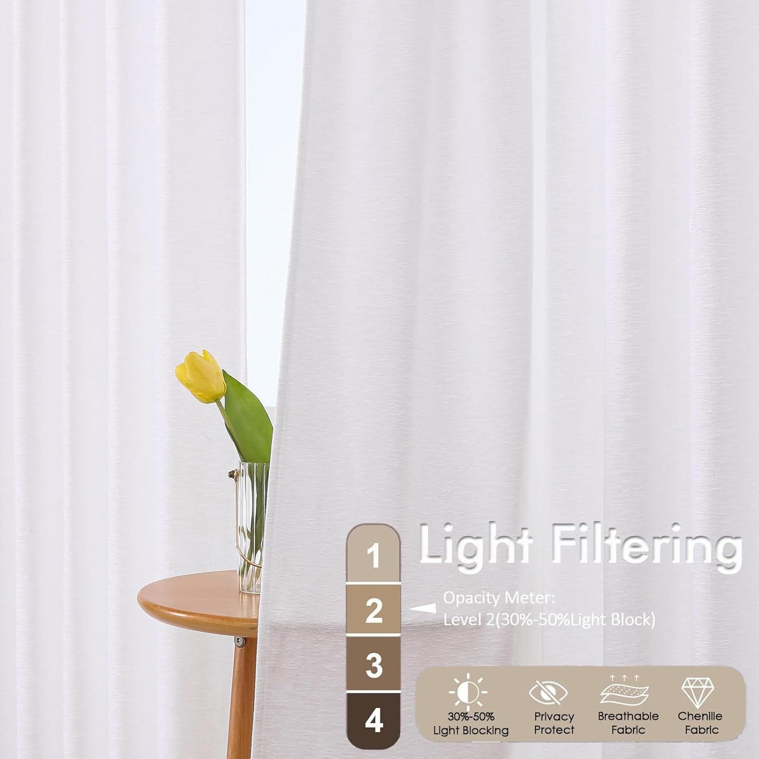 Chenille White Kitchen Curtains 36 Inch Length, Light Filtering Luxury Short Cafe Curtains, Velvet Rod Pocket Half Window Curtain for Bathroom Basement RV Camper, 30Wx36L Inch, 2PCS