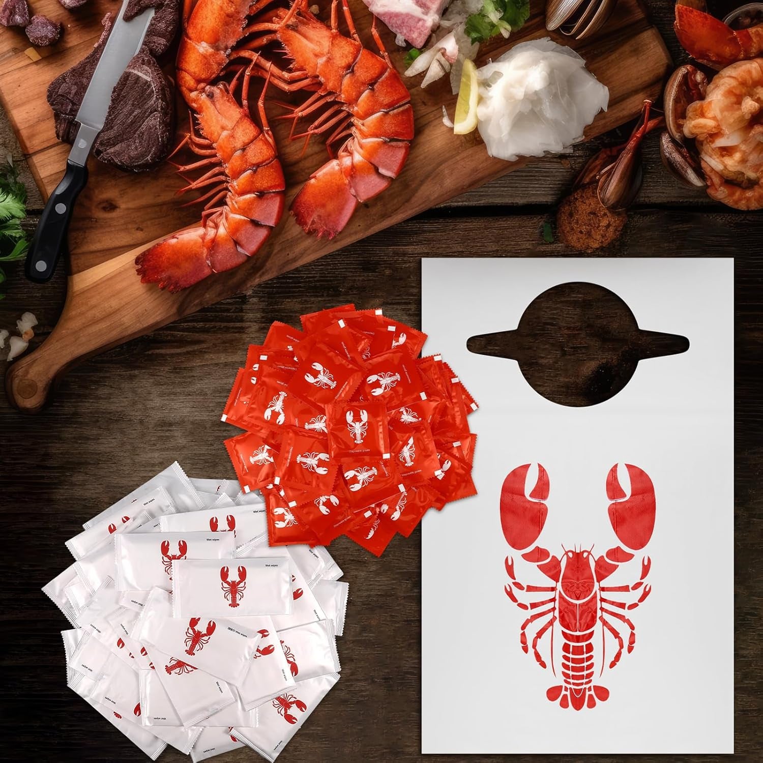 200-Count Disposable Crawfish Bibs and Party Supplies Set: Includes 50 Lobster Bibs, 50 Moist Towelettes, and 100 Pairs of Plastic Gloves for Seafood Festivities