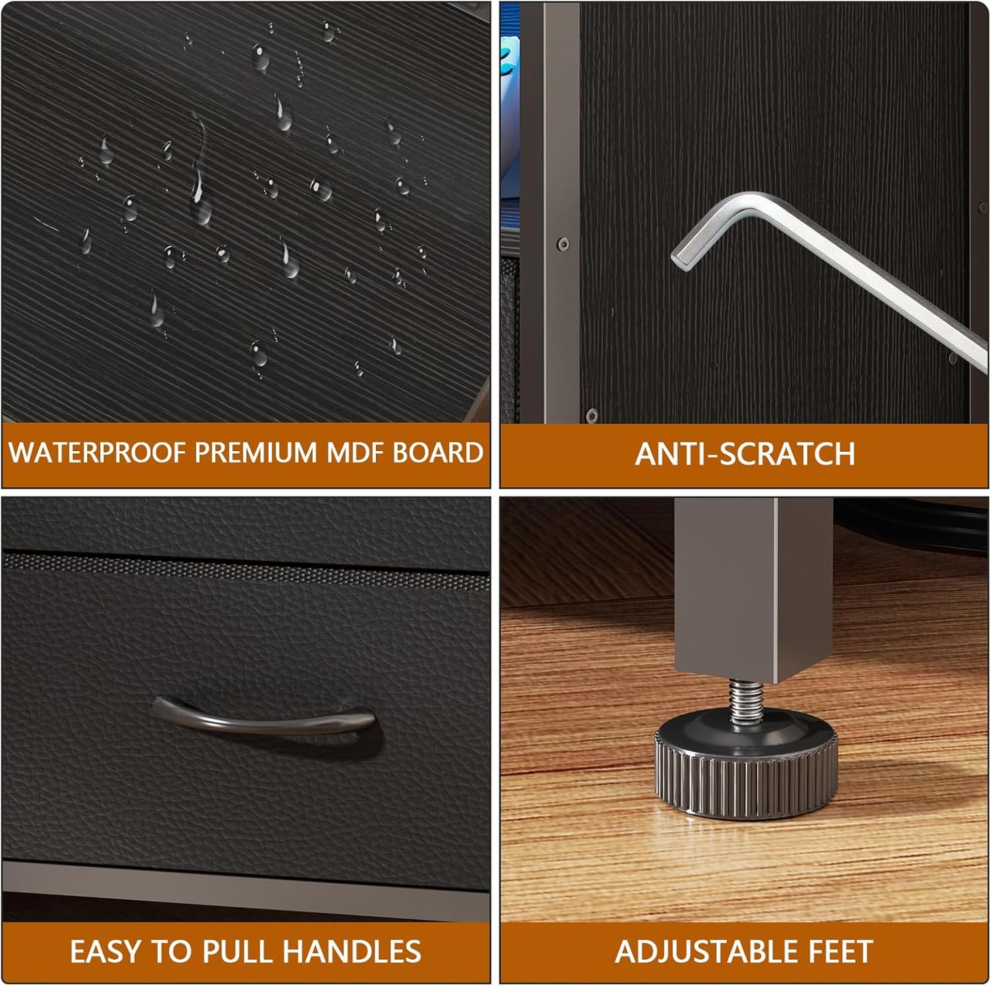 55" LED TV Stand for Bedroom with Power Outlets, Entertainment Center with 6 Fabric Drawers for 50/55/60 Inch Tvs, Dresser TV Stand Long Console Media Table for Living Room, PU Black