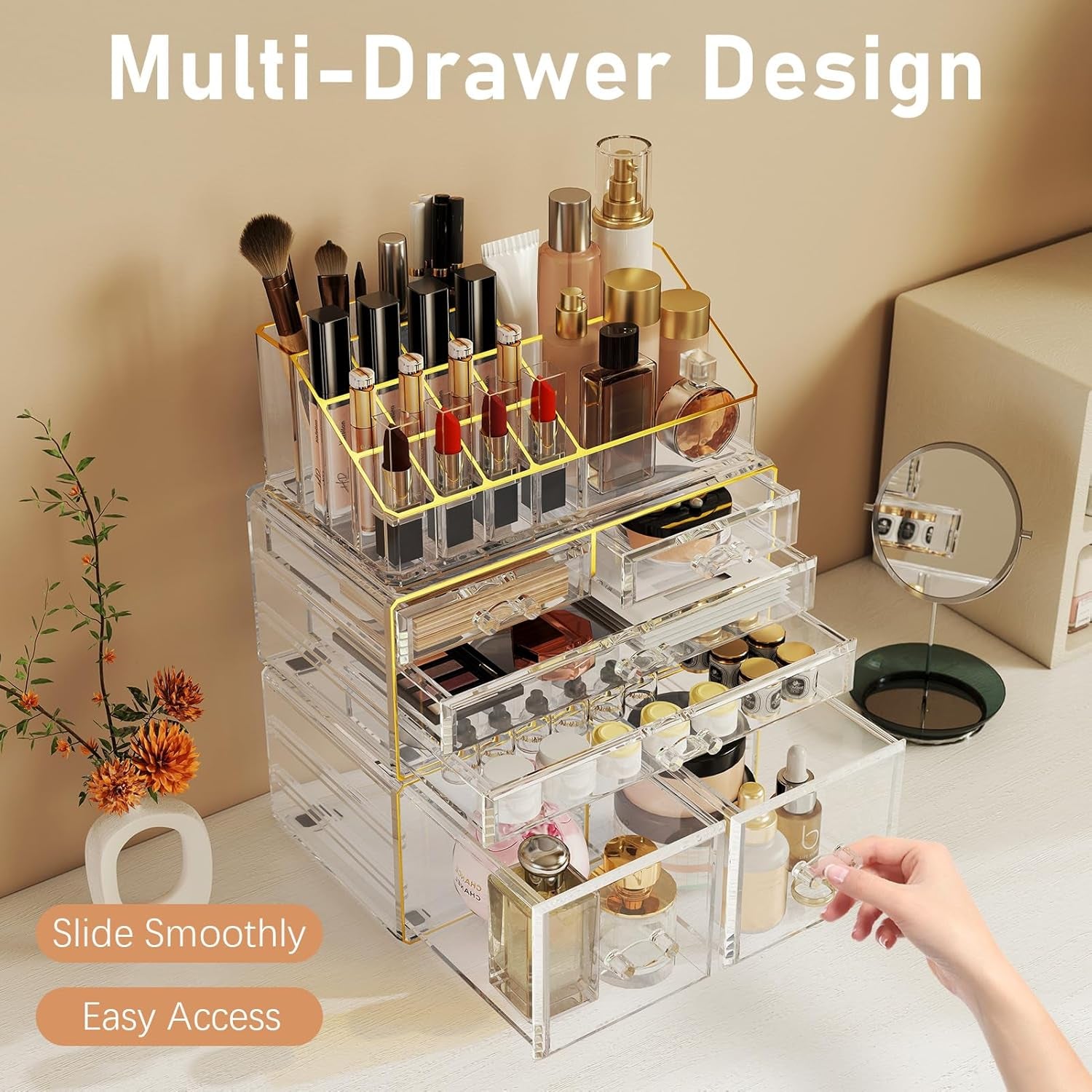 Makeup Organizer Countertop, Bathroom Organizers and Storage for Dresser, Vanity, No Install, Ideal for Large Skincare, Perfume, Present, Pink