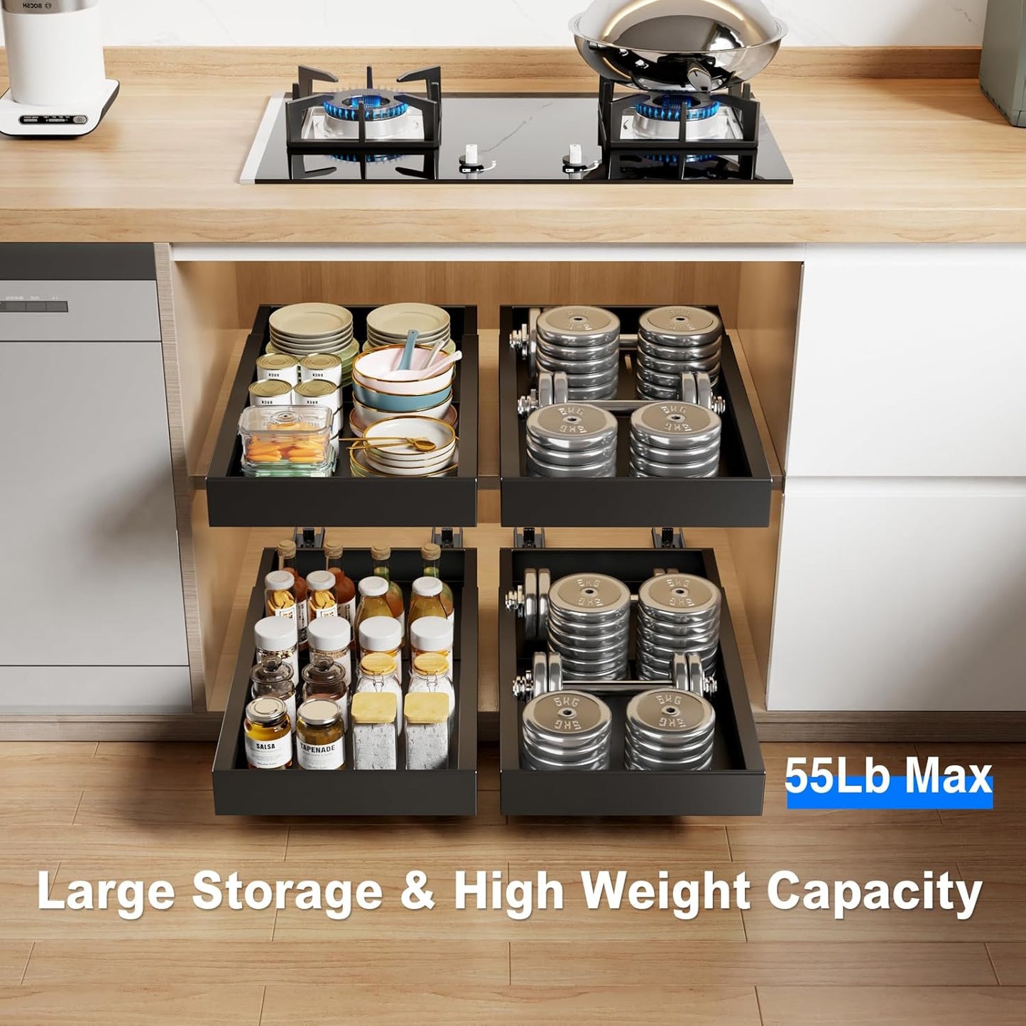 1 Pack Pull Out Cabinet Organizer, 21.8" Deep Slide Out Drawer for Cabinets Adhesive Pull Out Drawers Heavy Duty Pull Out Shelves for Kitchen, Cupboard, Pantry, Bathroom-Black