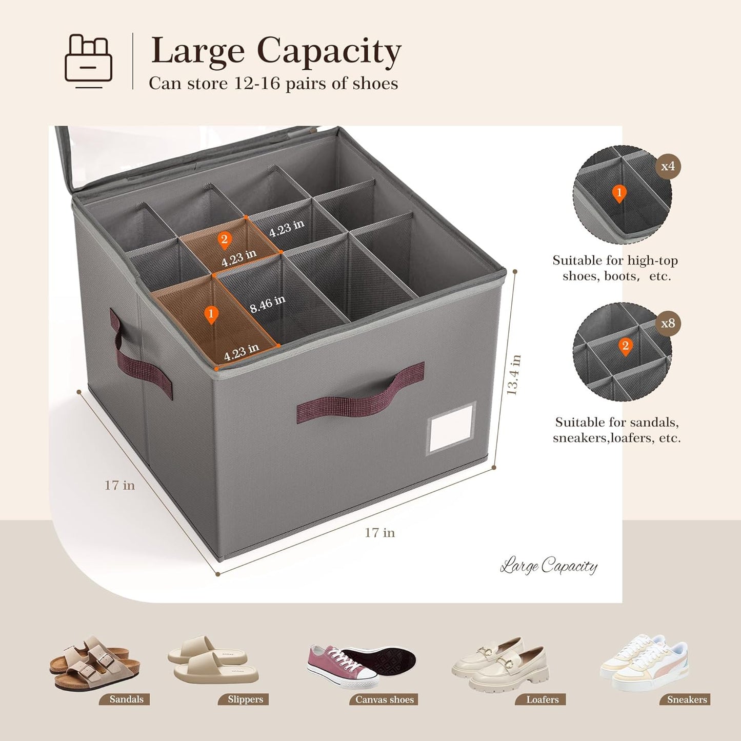 Shoe Organizer for Closet, 2 Pack Shoe Organizer with Transparent Cover and Sturdy Handles, Closet Shoe Storage for Sneakers Sandals Slippers, Fit 12-16 Pairs, Gray