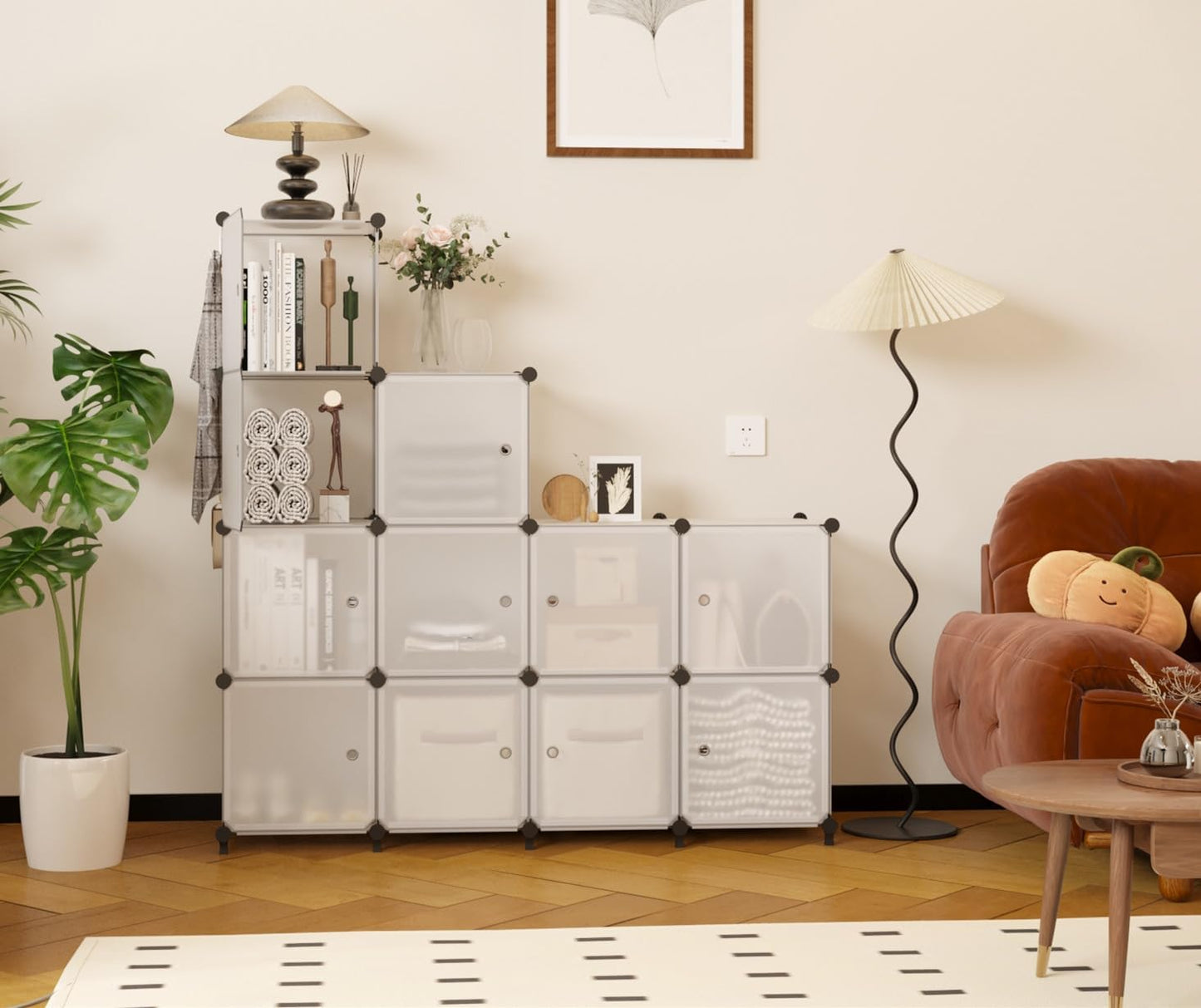 12 Cube Storage Organizer with Doors, DIY Plastic Closet Shelf, Modular Bookshelf, Stackable Shelving Rack for Bedroom, Living Room, Translucent ULPZ011