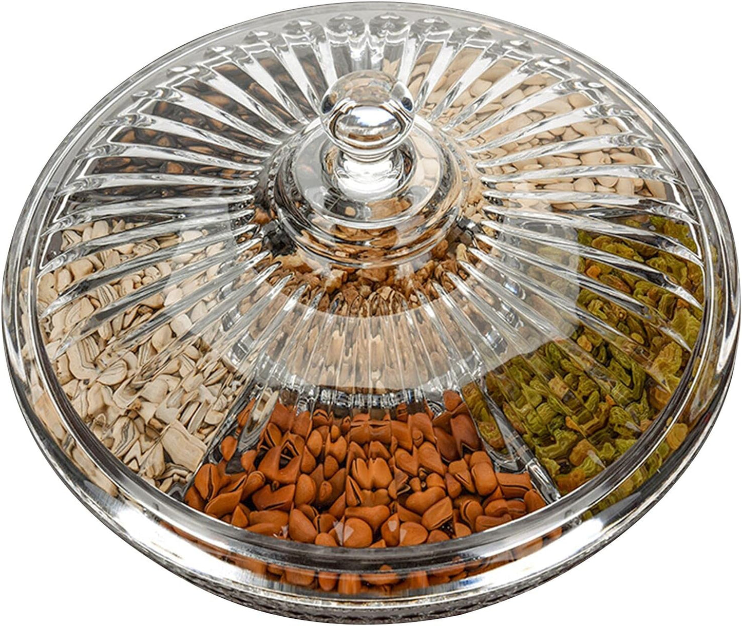 Creative Acrylic Multifunctional Party Snack Tray with Lid,Serving Dishes for Dried Fruits Nuts Candies Fruits,6-Compartment (Round)