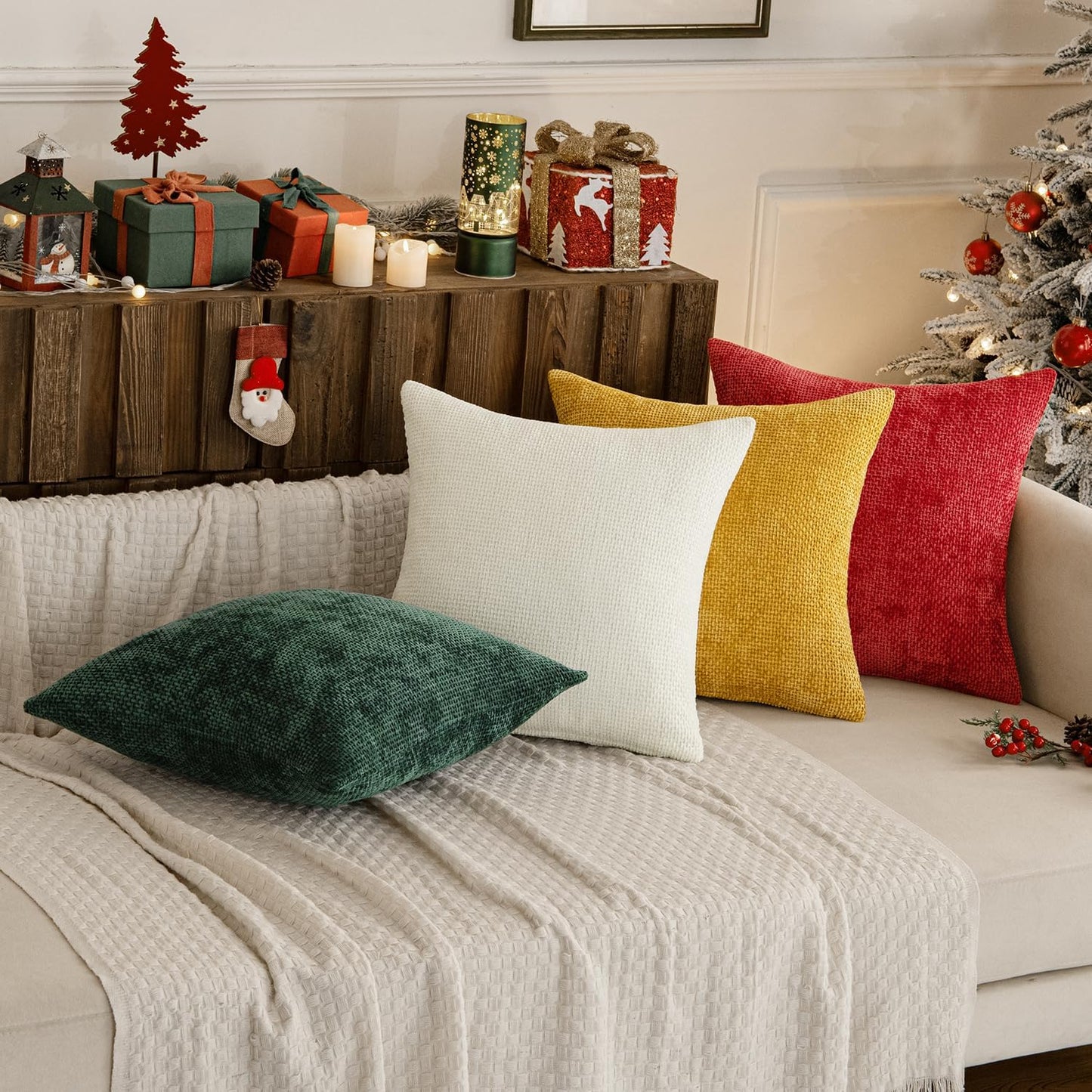 Christmas Pack of 4 Couch Throw Pillow Covers 18X18 Inch Christmas Red/Green Soft Decorative Chenille Pillow Covers Farmhouse Accent Cushion Covers for Boho Home Decor Sofa Bedroom Living Room
