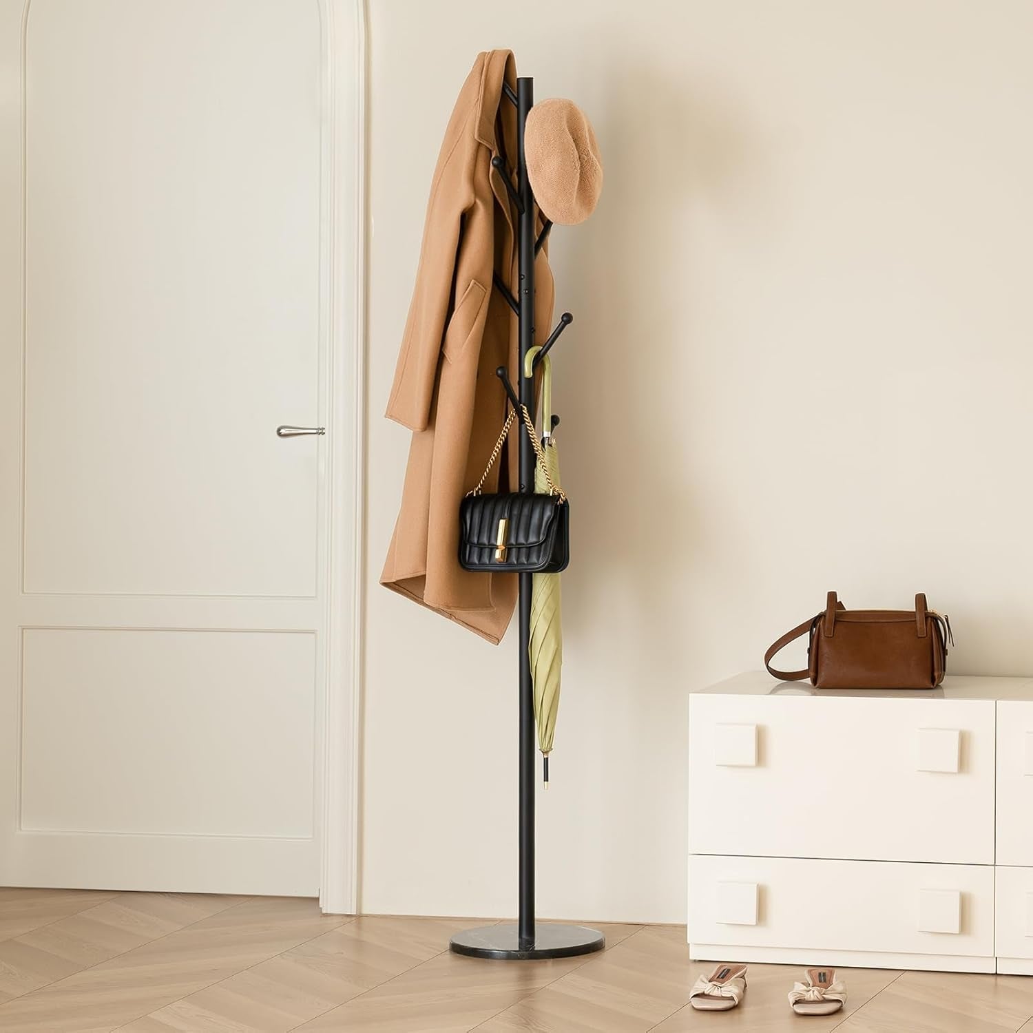 Coat Rack Freestanding with Natural Marble Base, Coat Tree with 8 Hooks Heavy Duty Coat Hanger Stand, Metal Coat Rack Stand for Jacket, Hat, Clothes & Bag, Hall Tree Hat Rack for Entryway