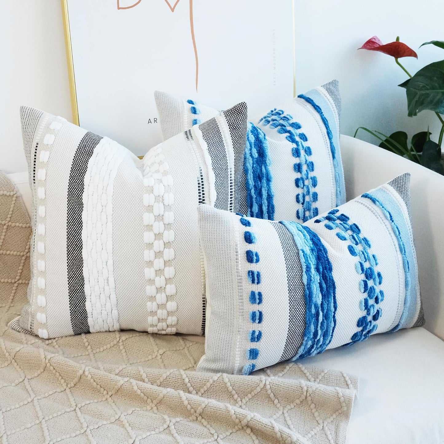 Pack of 2 Boho Throw Pillow Covers Accent Striped Pillowcovers Farmhouse Decorative Cushion Case Home Decor 18 X 18 Inch Blue