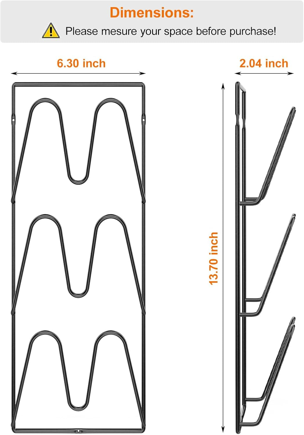 2 Pack Pot Lid Organizer Rack, 6-Tier Pot Lids Holder for Cabinet Door/Wall, No Drilling Adhesive Wall/Door Mounted Rustproof Pot and Pan Cover for Kitchen Storage, Classic Black