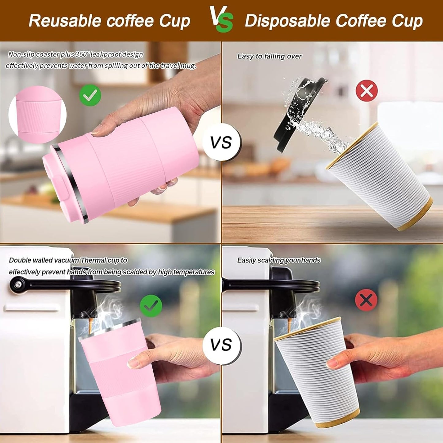 Travel Coffee Mug 14Oz Pink + Black, Couples Combination Set Insulated Spill Proof Leak Proof Portable to Go Camping Stainless Steel Coffee Tumbler Reusable Coffee Cups with Lids