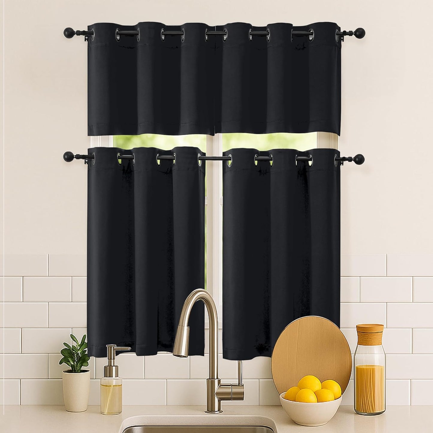 Halloween Black Short Cafe Curtains 36 Inch Length 2 Panels Set, Half Window Grommet Privacy Drape Tiers for Kitchen, Thermal Insulated Curtains Blackout for Bathroom Shades, W40 X L36
