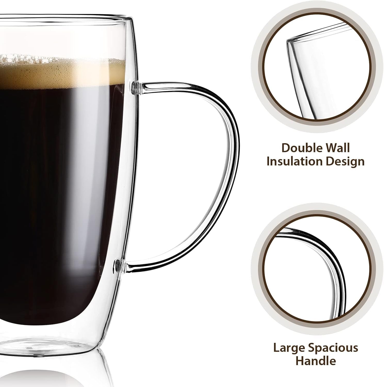 2-Pack 15 Oz Double Walled Glass Coffee Mugs with Handle,Large Insulated Layer Coffee Cups,Clear Borosilicate Mugs,Perfect for Cappuccino,Tea,Latte,Espresso,Hot Beverage,Wine,Microwave Safe