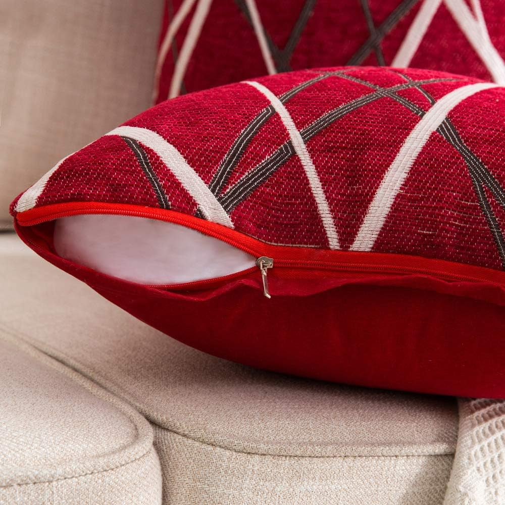 Pack of 2 Decorative Throw Pillow Covers Christmas Woven Textured Chenille Cozy Modern Concise Soft Red Square Cushion Shams for Bedroom Sofa Car 18 X 18 Inch