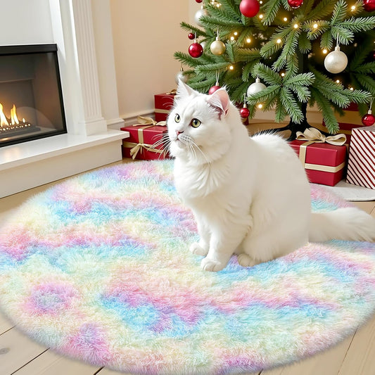 Rainbow round Rugs for Bedroom - Machine Washable, 3X3 Feet Circle Area Rugs for Living Room, Soft and Fluffy Shaggy Carpet for Teen Girls and Boys, Nursery Rooms, Dorms, Home Decor Aesthetic