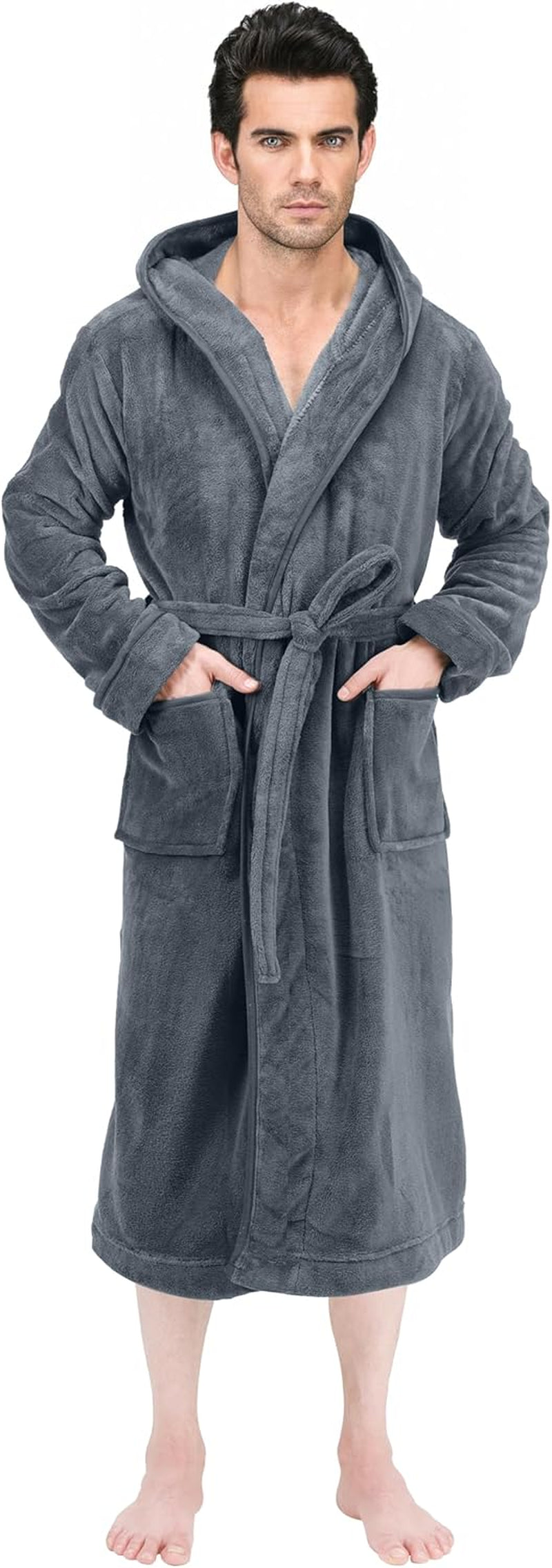 Men'S Hooded Fleece Bathrobe Plush Long Spa Robe