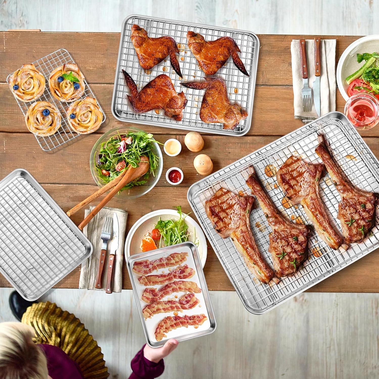16 + 12.5 + 10.4 + 9 Inch Baking Sheet and Rack Set, Stainless Steel Cookie Sheets Oven Baking Pans Trays with Cooling Racks for Cooking & Roasting, Oven & Dishwasher Safe, (8Pcs)