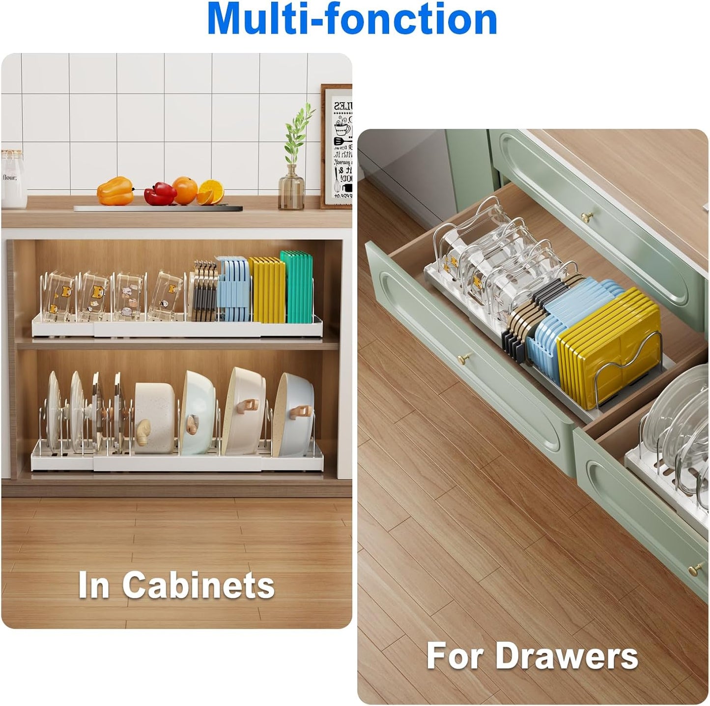 Pots and Pans Organizer under Cabinet, 22" Expandable Food Storage Container Lid Organizers with 9 Adjustable Dividers Pot and Pan Lid Holders Rack inside Cabinet/Countertop(1 Pack, White)