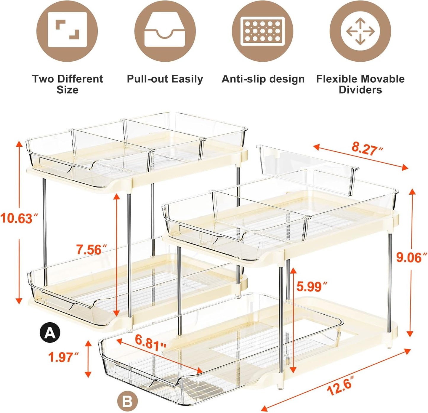 2 Sets of 2-Tier Multi-Purpose Bathroom Cabinet under Sink Organizers and Storage, Stackable Kitchen Pantry Organization and Storage, Beige