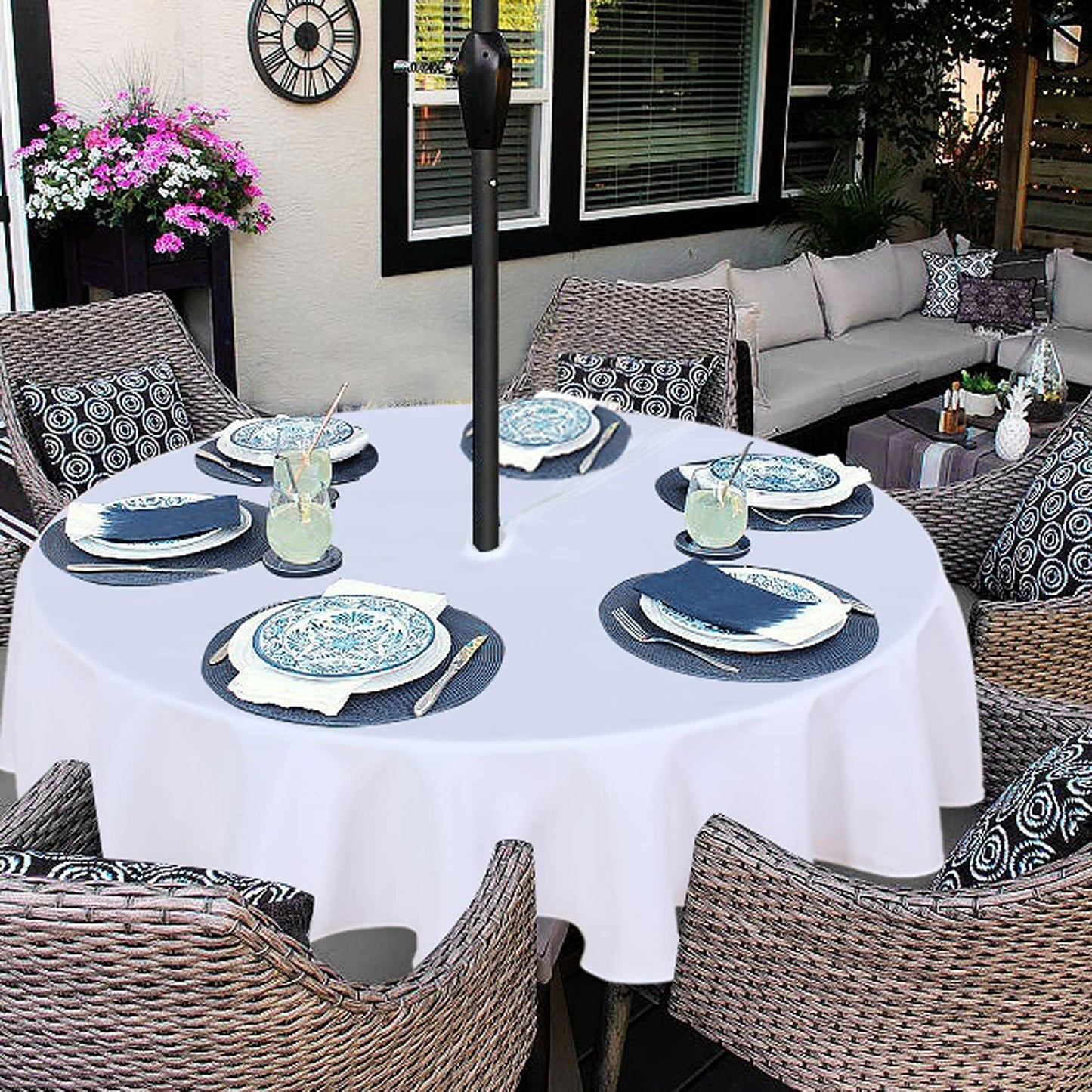 Outdoor and Indoor Table Cover - Washable, Waterproof, Wrinkle-Free Tablecloth with Zipper and Umbrella Hole for Spring/Summer Events, Picnics, BBQs, and Patios - White, 60" Round