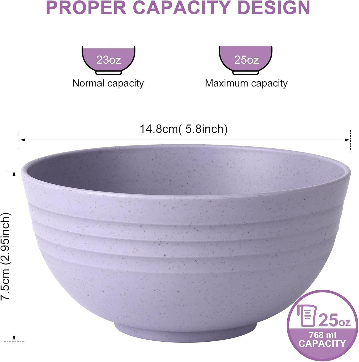 BPA Free Unbreakable Wheat Straw Cereal Bowls - Microwave & Dishwasher Safe Soup and Salad Bowls, Set of 8, 26Oz, Purple